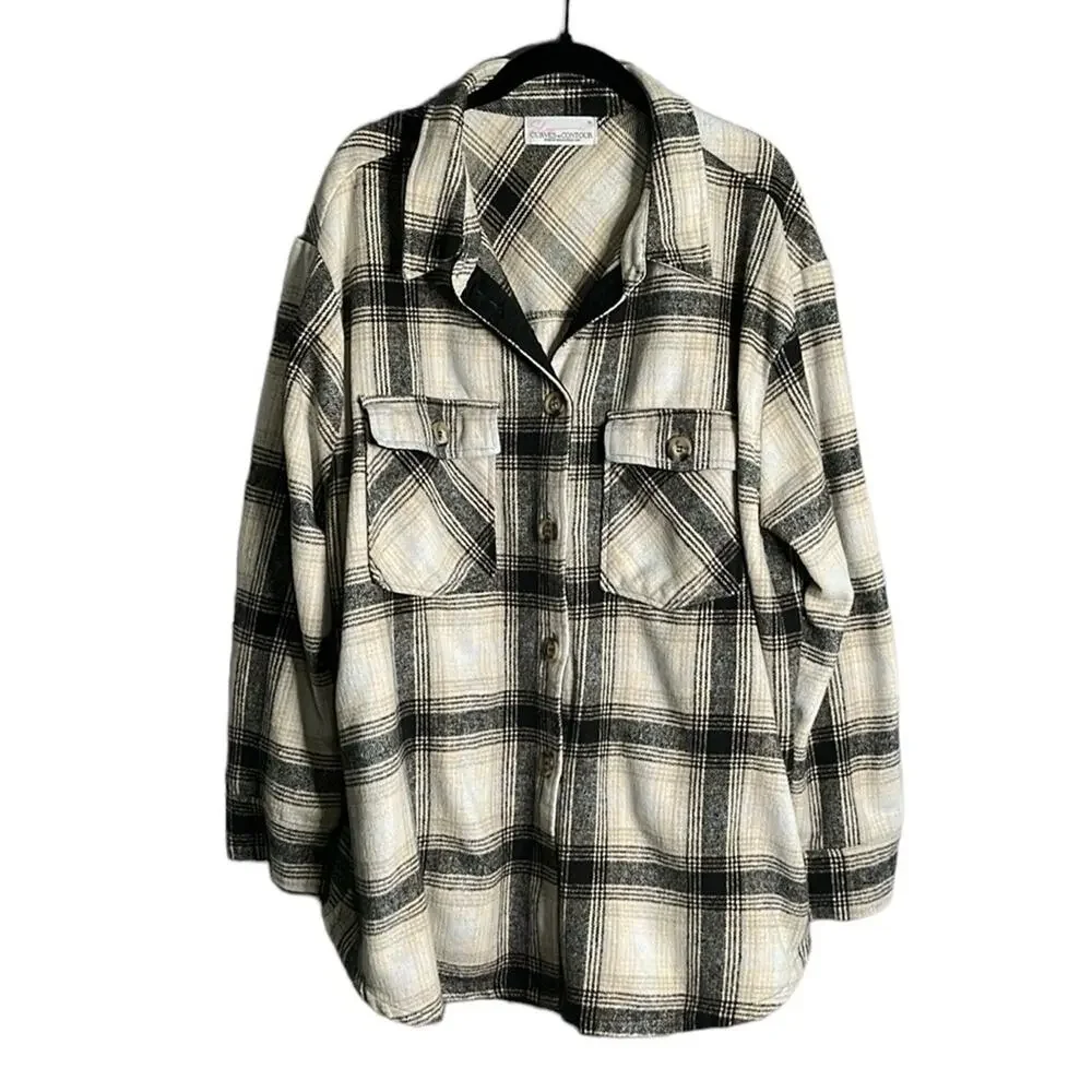 Boutique Black and Tan Plaid Button Down Shacket With Pockets Size 2X
